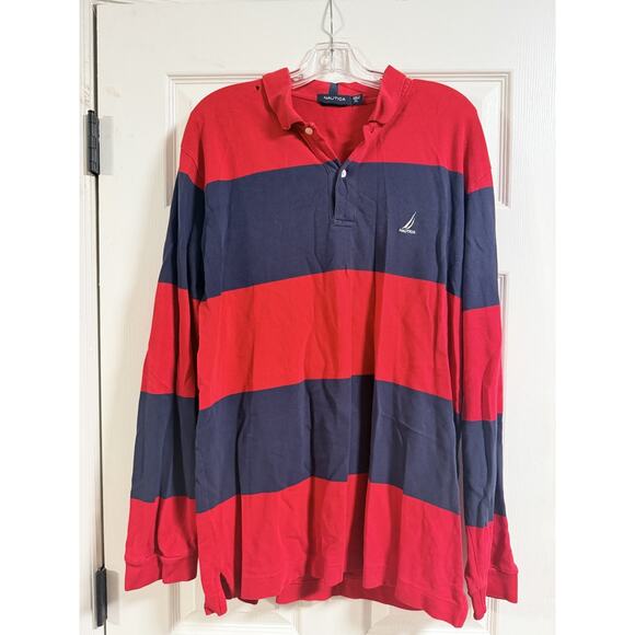 Vintage Nautica red and blue Men's Polo Long Sleeve - Size XL - Picture 1 of 6